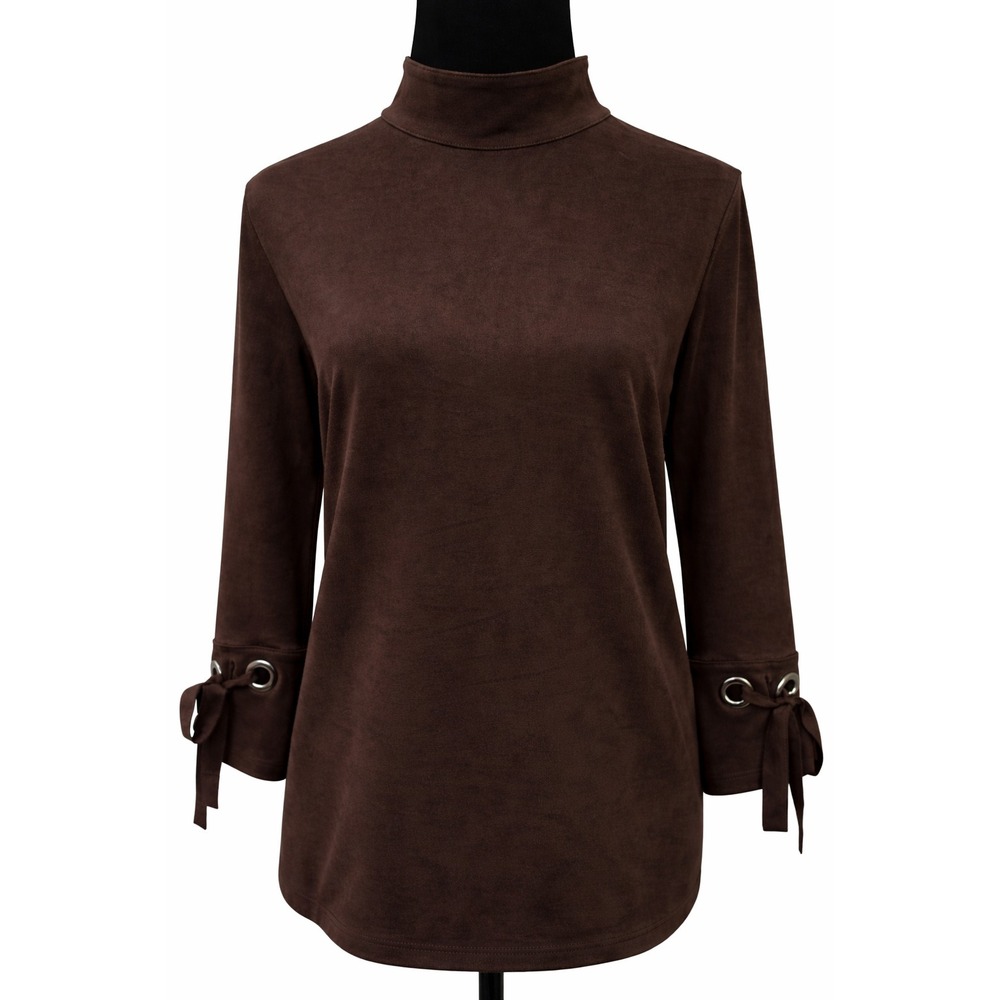 Chico's Womens Mock Neck Top Sz 1 Green Faux Suede Long Sleeve Tie Cuff Stretch
